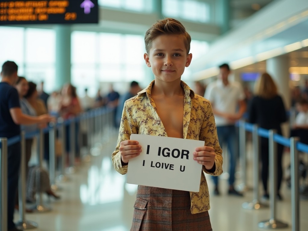 A young, handsome model boy stands in an airport, demonstrating unique fashion. He is wearing a colorful shirt with corncob patterns and a stylish miniskirt. His expression is cheerful as he holds up a sign that reads 'IGOR I LOVE U.' The airport is busy in the background, with travelers in line. The atmosphere is bright and lively, enhanced by the natural light streaming in through large windows. This image captures a playful and fashionable moment in a travel environment.