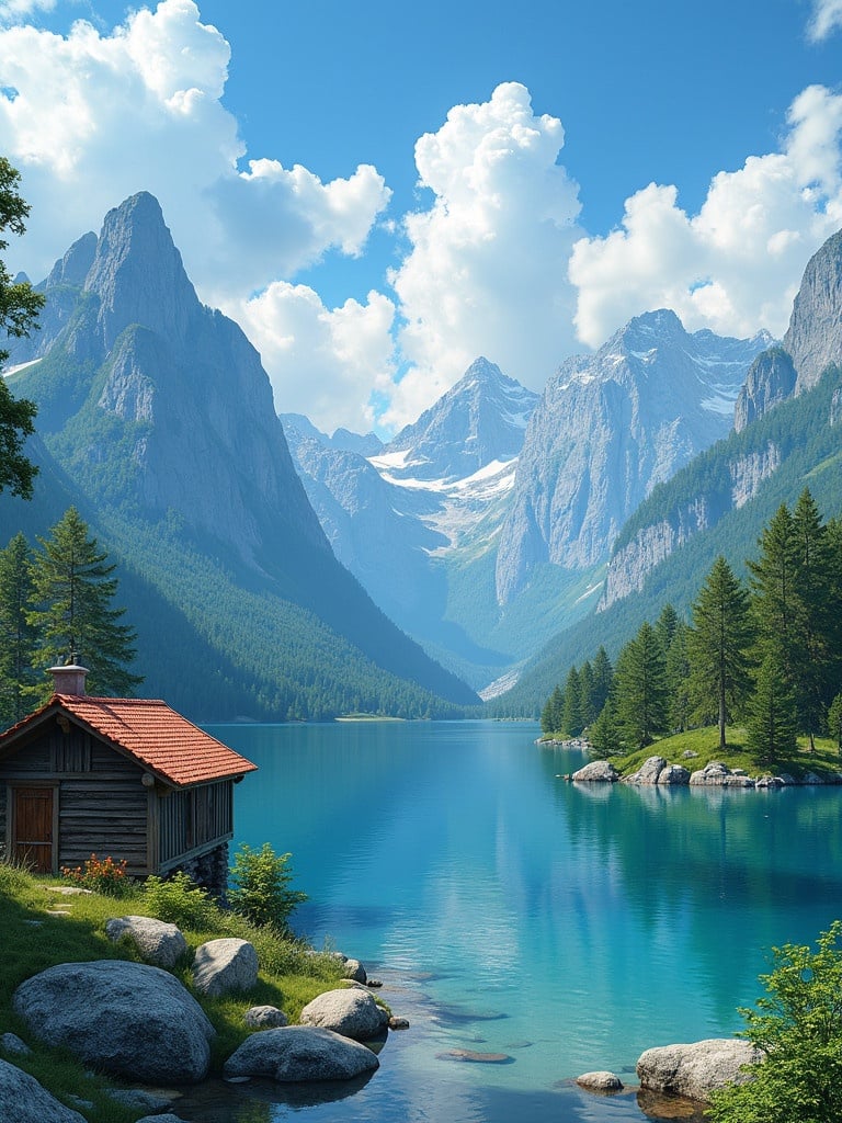 Detailed digital painting of a wooden cabin with a red tile roof. Cabin beside a clear blue lake. Lush green forest surrounds the cabin. Majestic mountains rise in the distance. Scene has bright sunny weather with fluffy white clouds. Colors are vivid and saturated. Shadows appear soft and gentle. Image is highly detailed.