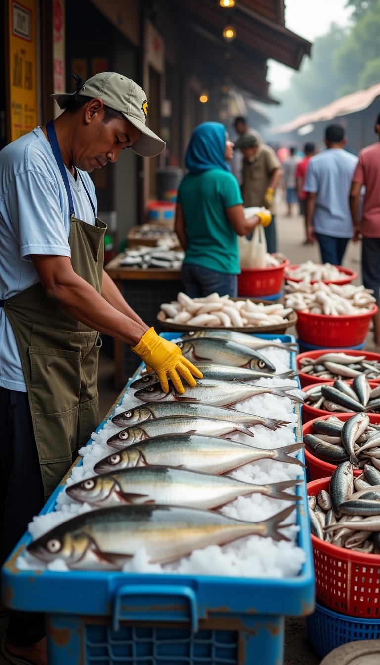 Realistic scene of a busy fish market in Banda Aceh. Vendor wearing an apron arranges fresh fish on a table. Mackerel, tuna, and snapper displayed on ice. Market filled with people haggling and selecting fish. Vibrant stalls in the backdrop with vendors calling out. Lively atmosphere of a traditional market.