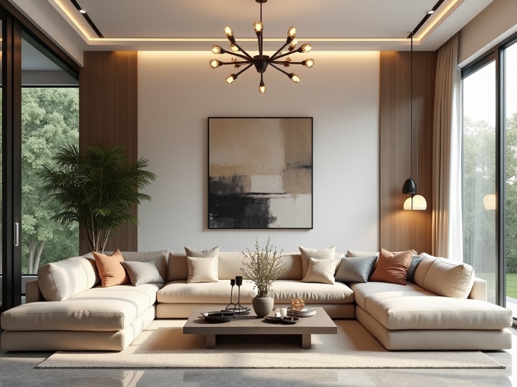 The image depicts a modern living room with elegant decor. The room features a large, comfortable beige sofa with complementing cushions. A stylish modern chandelier hangs from the ceiling, illuminating the space softly. A sleek coffee table is positioned in front of the sofa with decor items. Large windows allow natural light to fill the room, offering a view of the greenery outside. The walls are smooth and lightly colored, creating a calm atmosphere. An abstract painting on the wall adds artistic flair to the room.