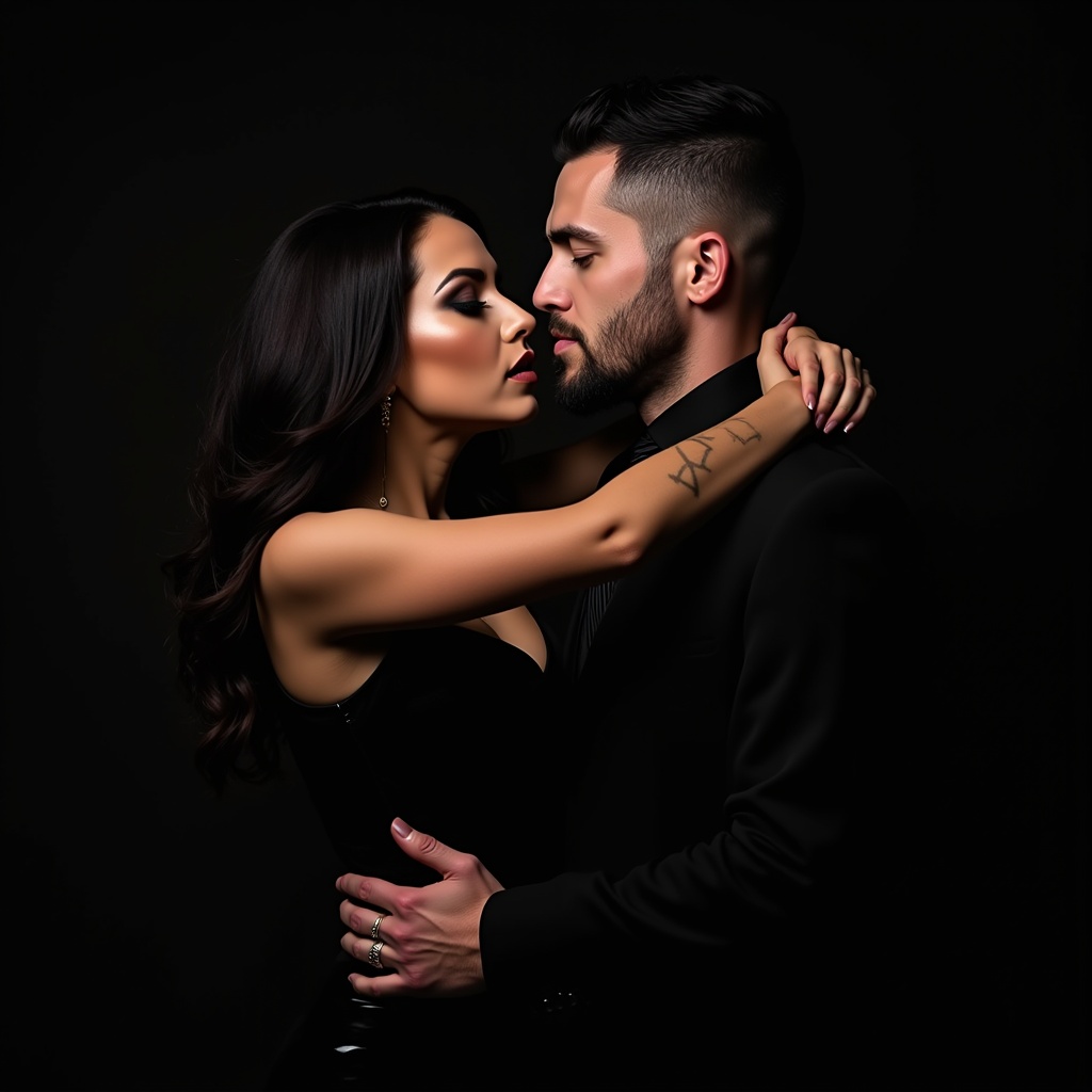 Striking image depicting a couple embracing. Woman with long dark hair and dramatic makeup. Man with rugged appearance and short hair. Both in elegant black attire. Moment of near-kiss adds to sophistication and allure.