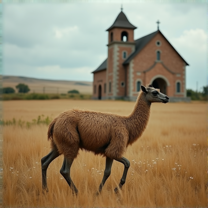 A lone llama walks through a golden field with a quaint brick church in the background.