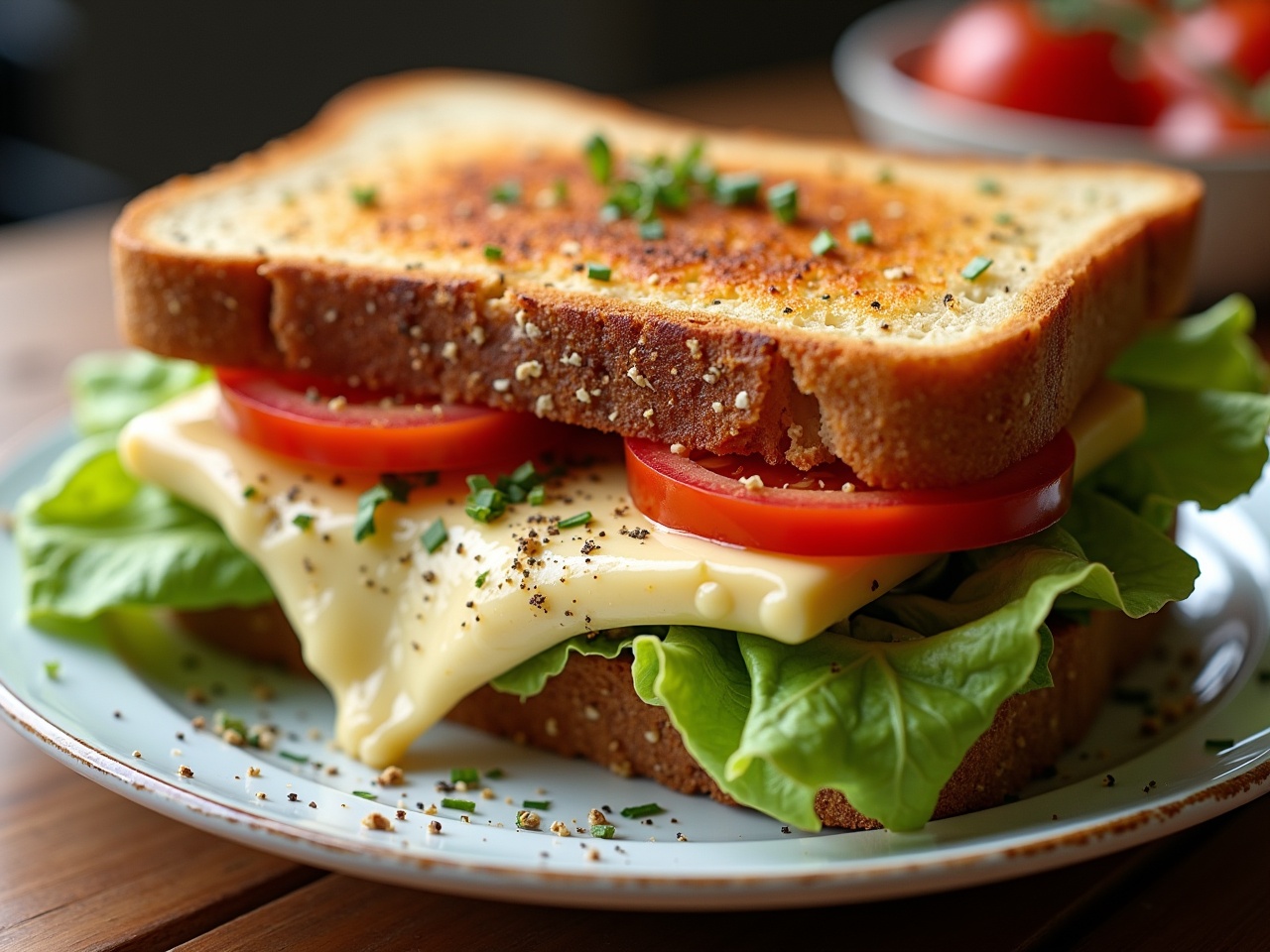 This image features a delicious Greek feta and cheese toast sandwich. It showcases layers of creamy cheese, fresh, crisp iceberg lettuce, and juicy tomato slices. The sandwich is made with perfectly toasted bread, golden brown on the outside. Garnished with chopped herbs, it looks appetizing and inviting. Ideal for anyone seeking a simple yet flavorful meal, this sandwich epitomizes comfort food with a Mediterranean twist. Perfect for lunch or a light dinner, it highlights fresh ingredients and satisfying flavors.