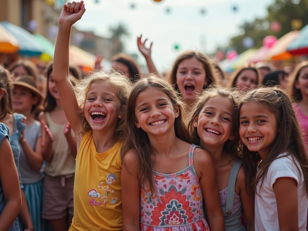 The image features a lively group of children celebrating together at a community festival. With bright colors and cheerful expressions, they radiate joy and togetherness. The scene is filled with people enjoying the festivities, capturing the essence of family gatherings and community spirit. The smiling faces of the children stand out, emphasizing the happiness that comes from such shared experiences. This vibrant atmosphere showcases the connection between friends and families at a joyous event.