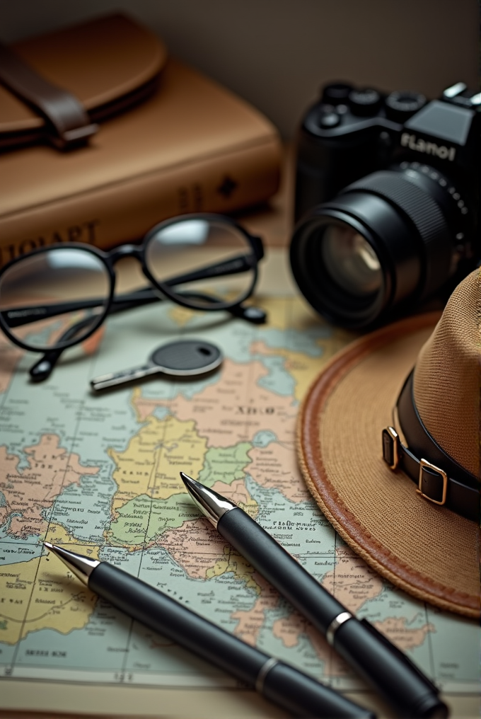 A cozy arrangement of travel items including a map, pens, glasses, a camera, a key, and a hat.