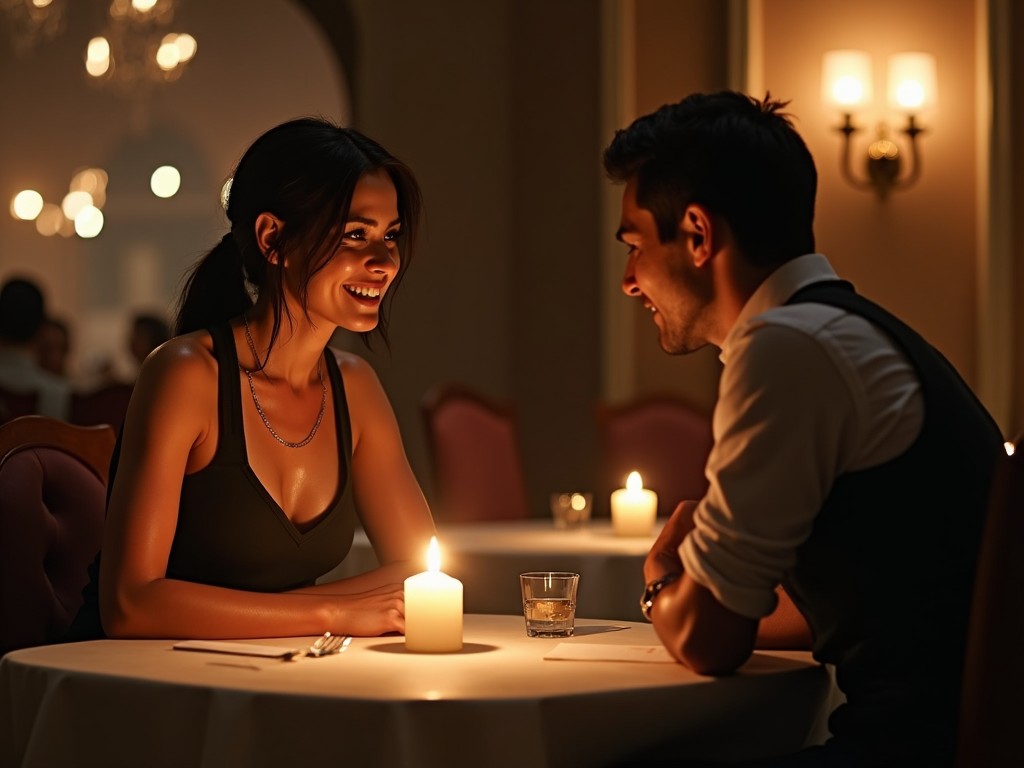 The scene depicts a romantic dinner featuring a couple. They are sitting at a beautifully set table with soft candlelight illuminating their faces. The woman is wearing a black dress and smiling brightly, while the man is looking at her attentively. The restaurant has an elegant ambiance with muted colors and soft background lighting. The atmosphere suggests intimacy and connection. The focus is on their interaction, capturing a moment of joy and interest.