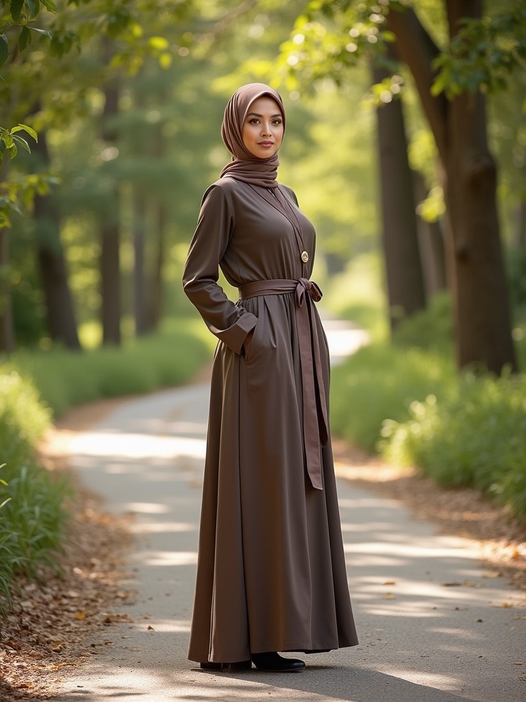 Woman in stylish hijab wears flowing abaya. She stands on a nature path surrounded by greenery. Sunlight filters through trees creating warm atmosphere. Elegant abaya paired with luxurious boots. Represents blend of tradition and modern luxury in women's fashion.