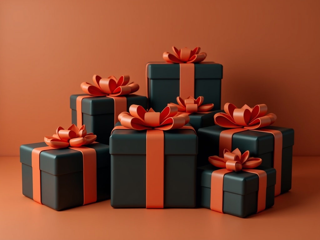 The image depicts a collection of elegantly wrapped gift boxes in a harmonious arrangement. The boxes are wrapped in a dark green material with vibrant orange ribbons and bows, set against a warm orange background. The color contrast between the ribbons and the boxes emphasizes the festive and celebratory nature of the scene.