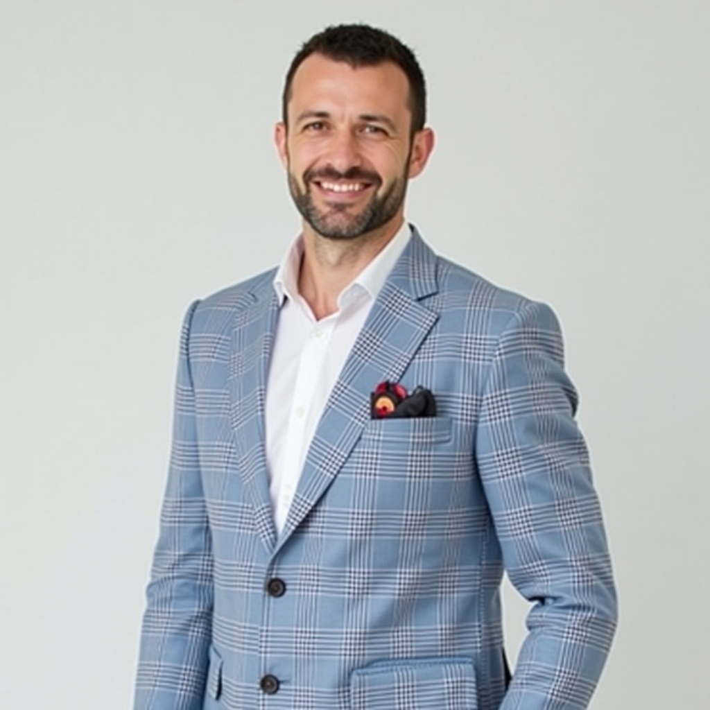 A man is standing confidently against a plain, light background. He is dressed in a stylish light blue checked blazer, showcasing a modern fashion sensibility. Beneath the blazer, he wears a crisp white shirt with a dark tie, adding a touch of professionalism. In his blazer pocket, a vibrant pocket square provides a pop of color. His short hair and well-groomed beard enhance his polished look. He has a relaxed stance with a slight smile, exuding confidence and approachability.