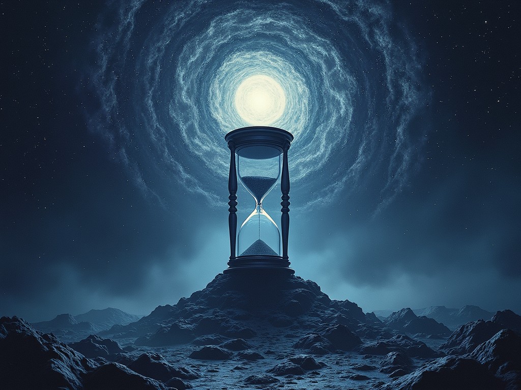 The image depicts a surreal cosmic scene with an hourglass as the focal point. The hourglass stands on a rocky terrain under a vast, starry sky. A swirling vortex resembling a galaxy or nebula emanates in the background, giving a sense of time and space interconnection. The scene is bathed in a cold, ethereal blue light, enhancing the mystical and contemplative atmosphere.