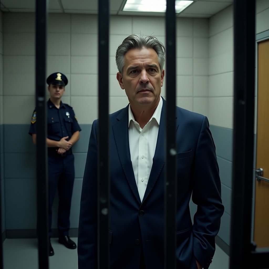 Middle-aged man standing in jail cell at French police station. He wears navy blue suit and white shirt. Iron bars are clearly visible. A police officer stands outside the cell. The environment features gray walls and cold lighting.