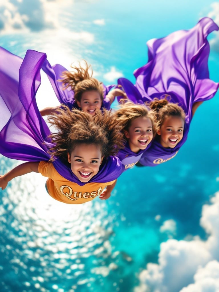 Four joyful toddlers soaring through the vibrant blue Caribbean Sea. Dynamic purple capes flutter in the wind. Bright shirts display the word 'Quest' in gold. Glee and excitement are evident on their faces. Warm sunlight enhances the magical atmosphere.