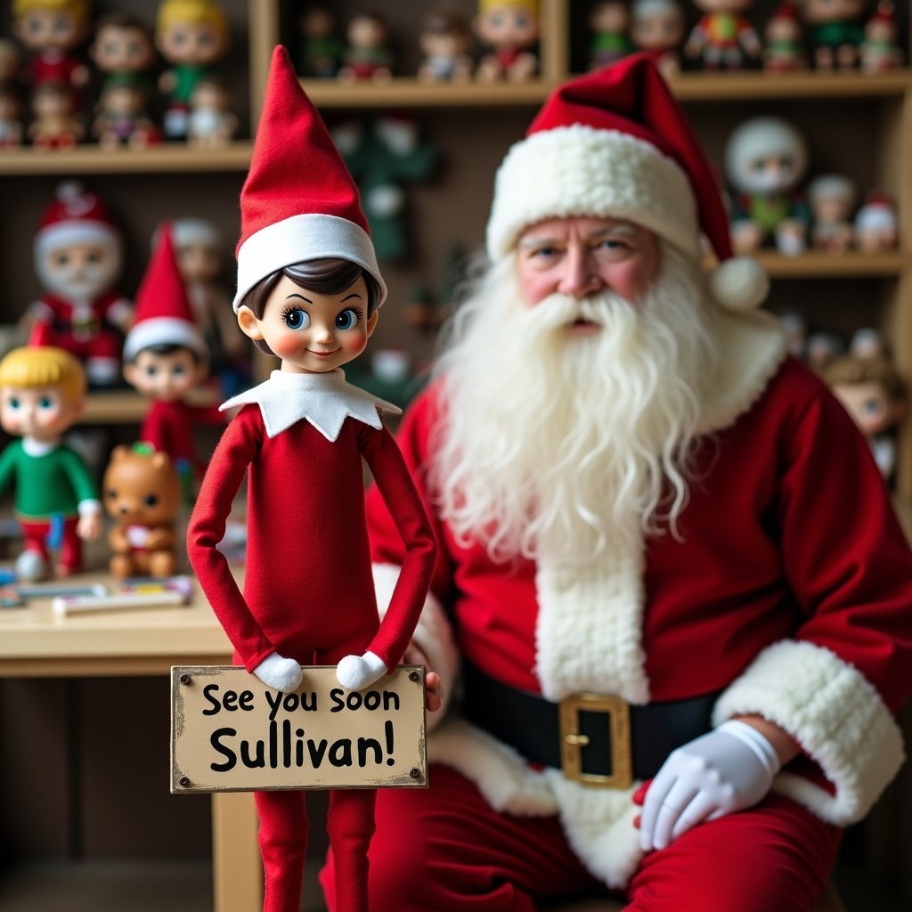 Elf dressed in red outfit holds sign in toy workshop with Santa. Funko Pops background. Sign reads ‘See you soon Sullivan!’