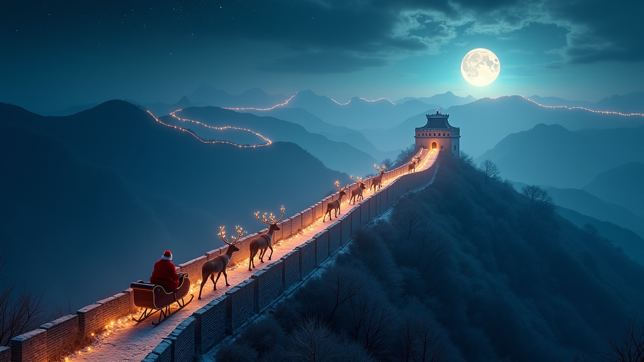 Magical night sky. Santa in sleigh. Reindeer pulling sleigh. Sparkling trail on Great Wall. Scenic mountains in background. Ultrarealistic details. Aerial perspective.