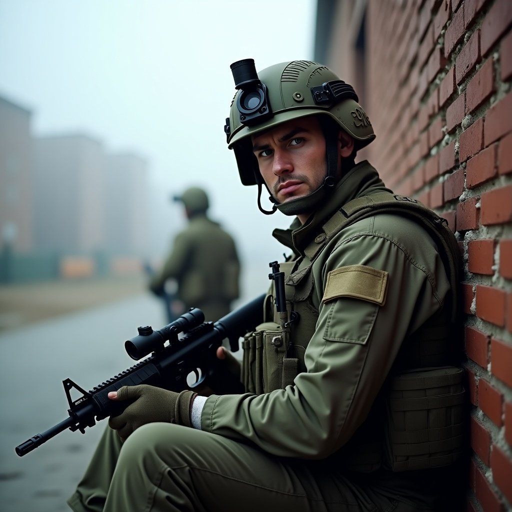 The image features a soldier in tactical gear sitting against a brick wall in a foggy outdoor setting. A serious expression is visible, focused on surroundings. The soldier is fully equipped with a helmet that has an attached light and holds a rifle across his lap. Another soldier can be seen in the background, also in tactical attire, indicating a military operation in progress. The atmosphere is tense, highlighting the seriousness of their mission.