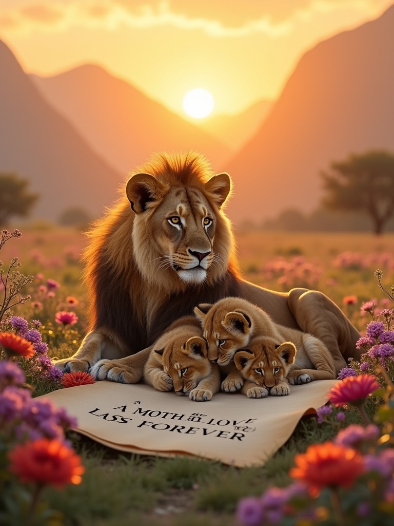 A lioness lies down with her three cubs in a field of flowers during sunset. The background shows mountains. A scroll lies beneath them with the words A MOTHER'S LOVE LAST FOREVER.