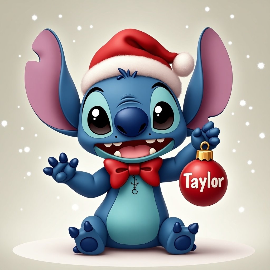 Cute character resembling Stitch holds a Christmas bauble. Character is blue with large ears and a bow tie.