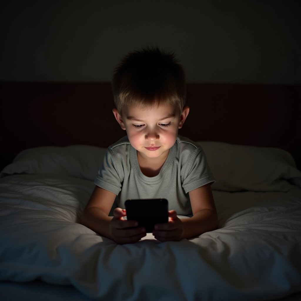 Child sitting on bed looking at a smartphone in a dark room before bedtime.