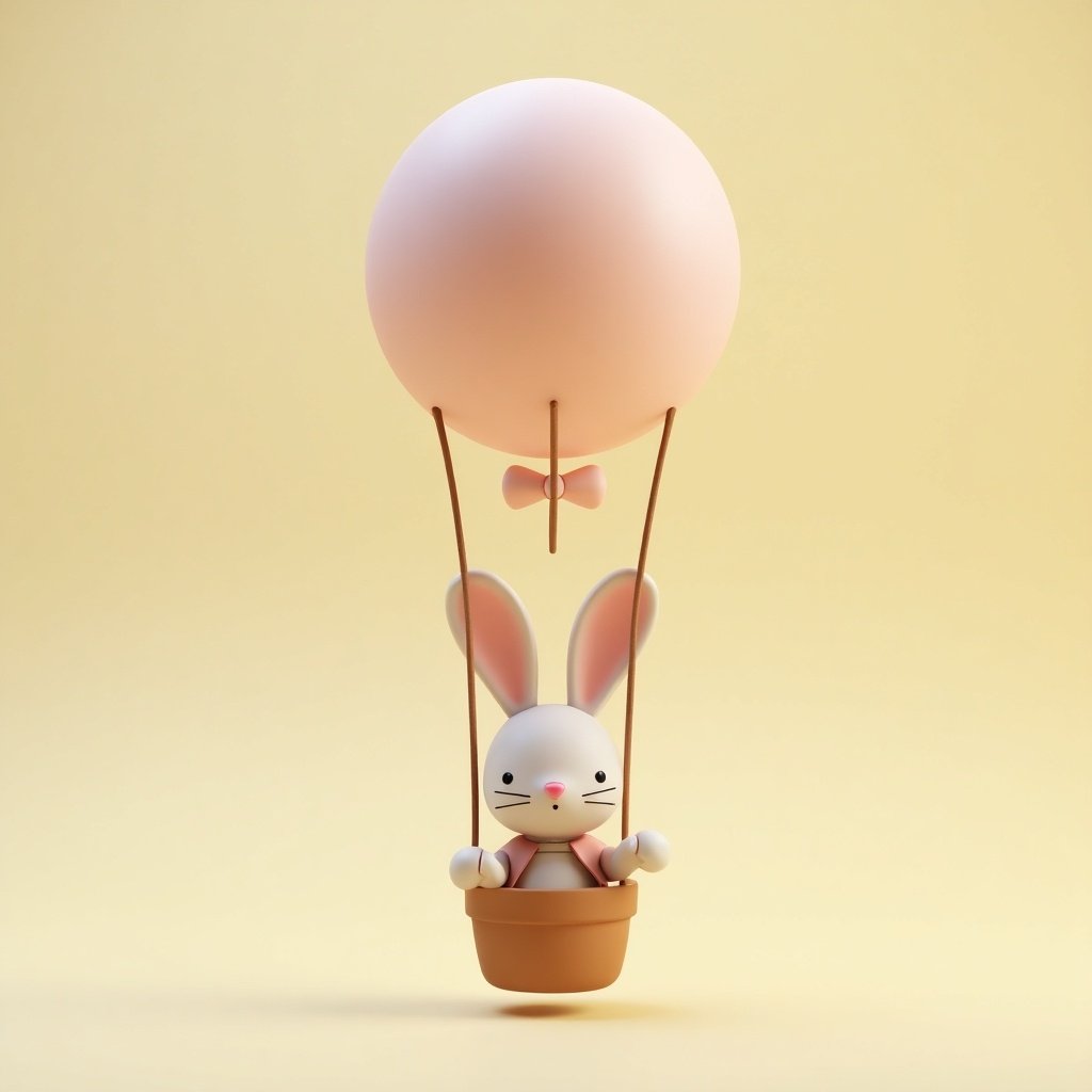 A bunny character in a hot air balloon. Cartoon-like proportions. Minimalist design with a soft color palette. Background is solid color. Toy-like appearance with nature-inspired elements.