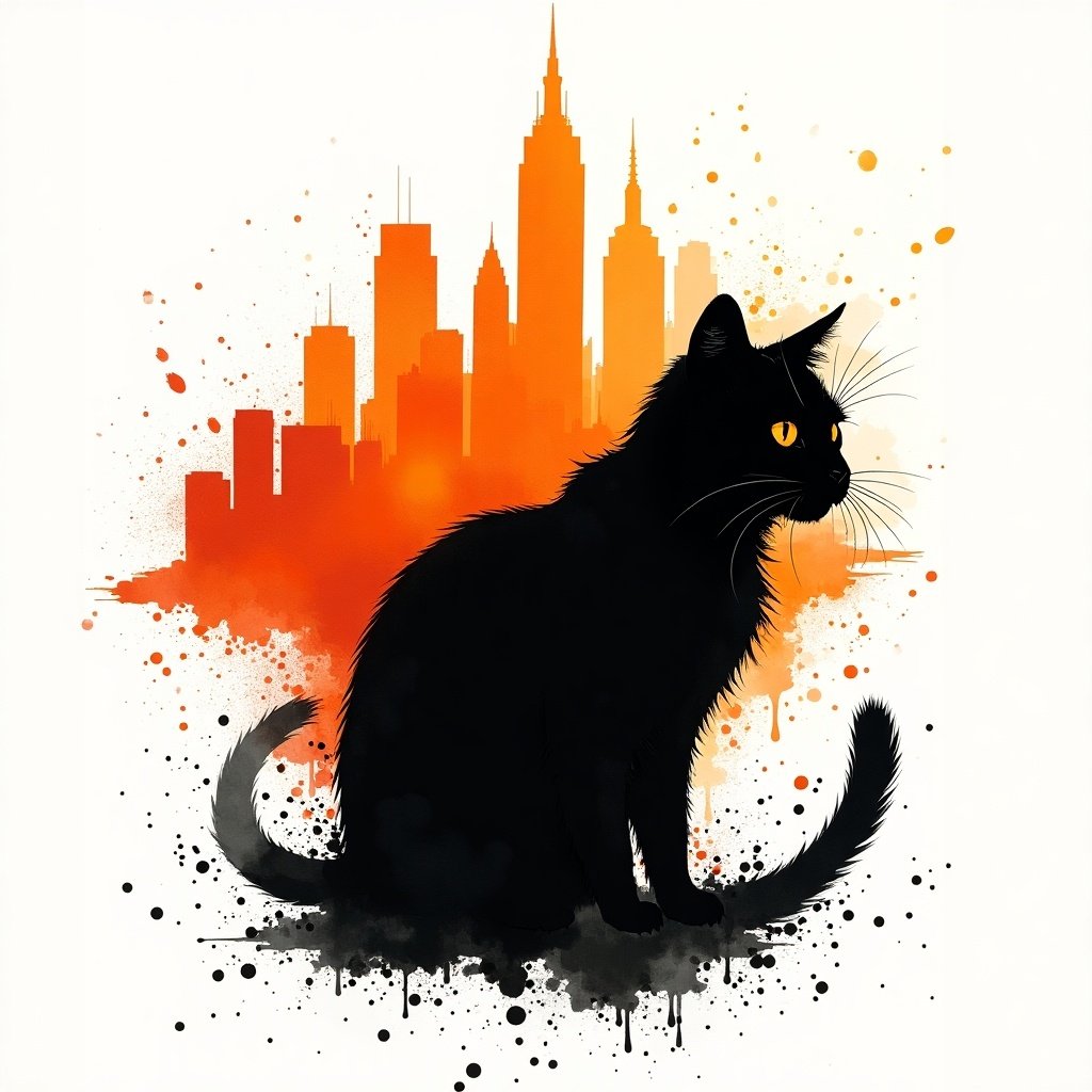 Splash art features a black cat silhouette. Background shows a cityscape with orange ink outlines and splotches. Artistic ink splattering enhances the design.