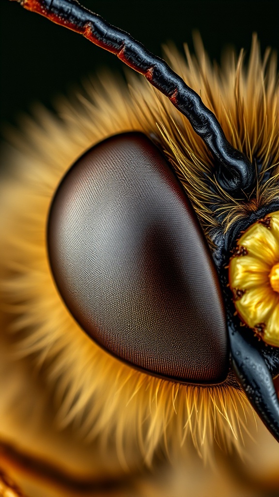 A stunning close-up photograph of a bee's eye and antennae showcasing intricate textures and details.