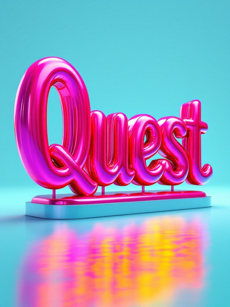 A vibrant fuchsia colored sculpture representing the word 'Quest'. The design reflects Jeff Koons' artistic style. Glossy and smooth surface makes it look playful and eye-catching. The background is light blue, emphasizing the sculpture's contemporary feel.