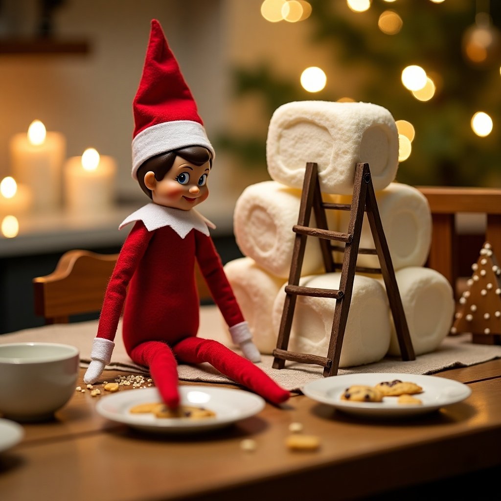 Elf on the shelf doll decorated for Christmas. Elf sitting at a wooden table with cookies. White marshmallows arranged as a stack. Cozy holiday atmosphere with lights in the background.