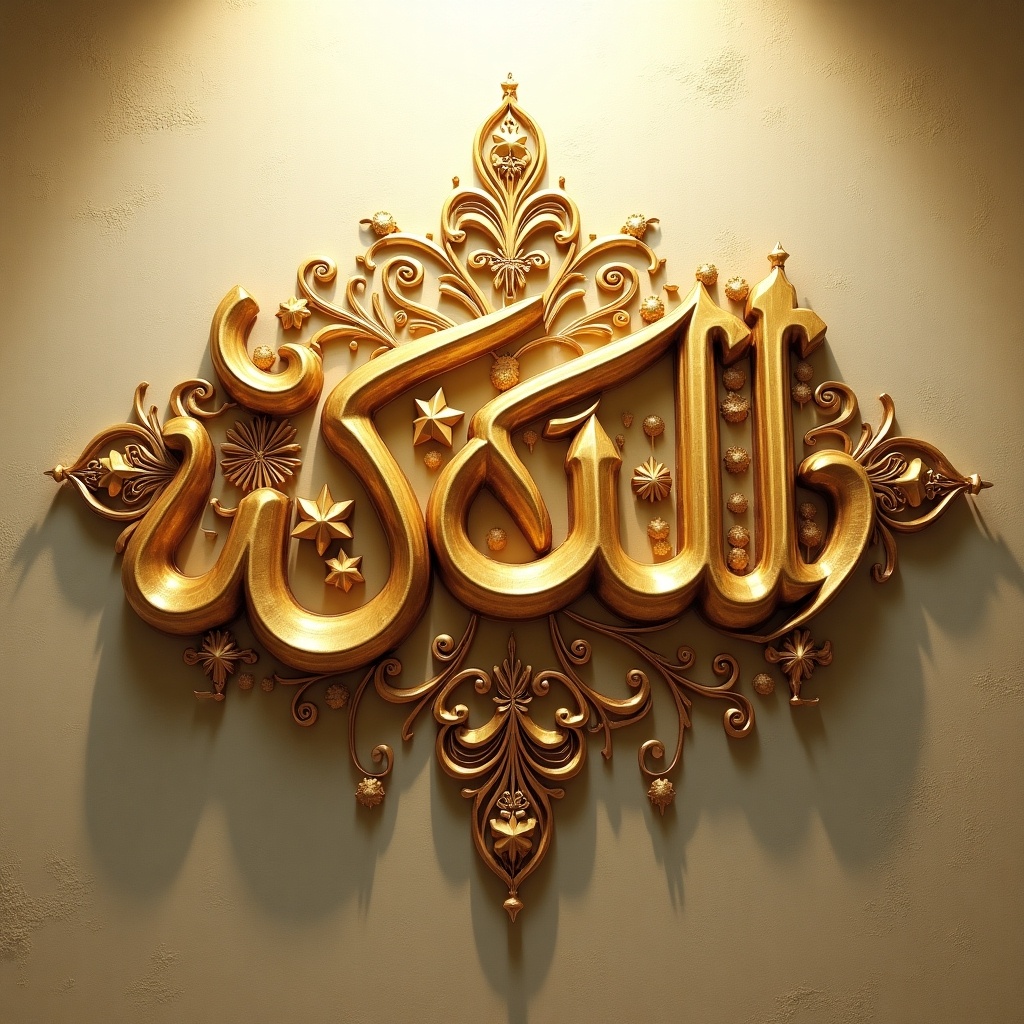 This image features intricate Arabic calligraphy with the word 'ج ذ ب', meaning 'pull'. The design is ornate and three-dimensional, rendered in a warm golden color. It is set against a textured background that enhances its depth. The letters are embellished with decorative elements like stars and floral motifs, adding to its beauty. The soft lighting creates a calming and uplifting atmosphere, making the artwork visually appealing.