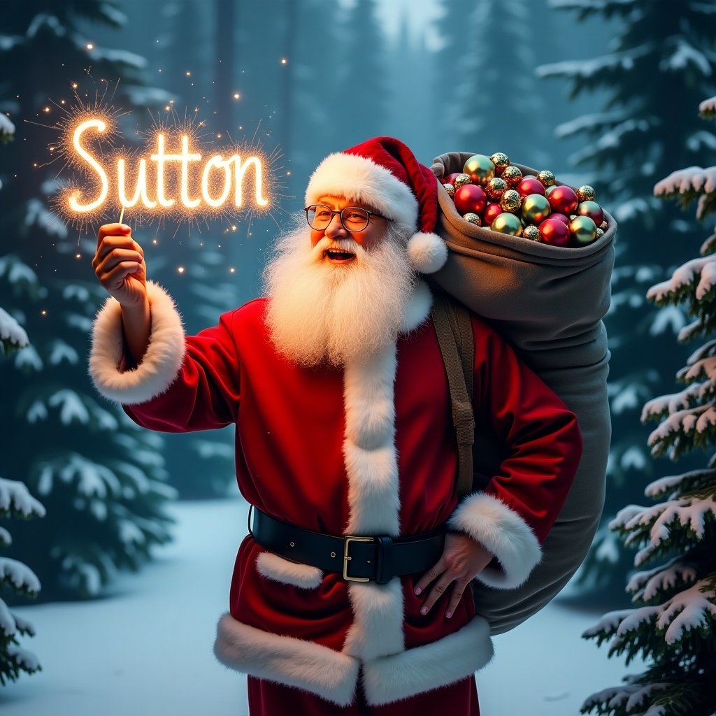 Santa Claus in red outfit stands in snowy landscape surrounded by evergreen trees. He writes 'Sutton' in the air with a glow stick. Sack filled with ornaments emphasizes festive spirit. Scene has warm magical glow.