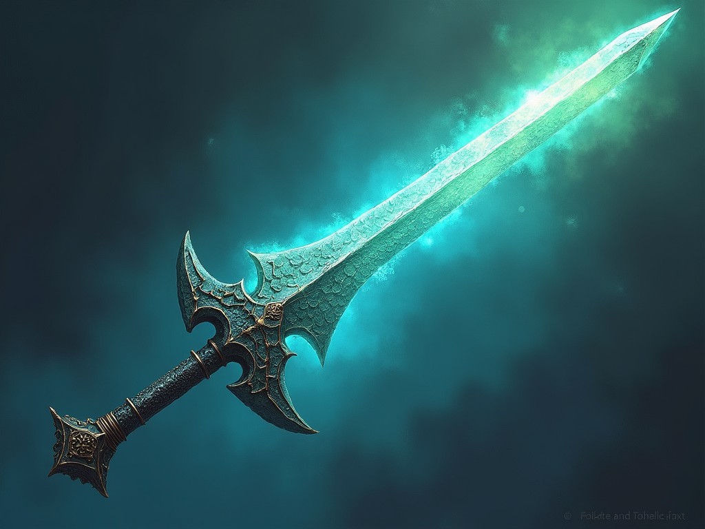 A beautifully designed fantasy sword is depicted in this image, glowing with an ethereal light. The blade features intricate details and a shimmering effect, suggesting it has magical properties. The hilt is decorated with ornate patterns, blending dark and metallic colors. Surrounding the sword is a misty aura that adds depth and intrigue. This visual evokes a sense of adventure and heroism, perfect for fantasy themes.