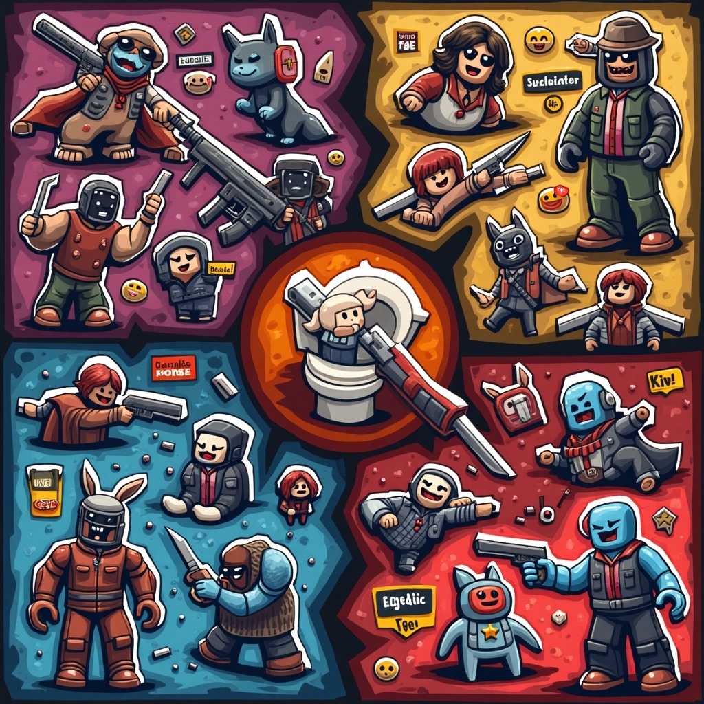 Colorful illustration featuring various Roblox characters. Scenes highlighted include action with guns and knives. Characters display playful expressions and engaging poses. Environments are vibrant and cartoon-like.