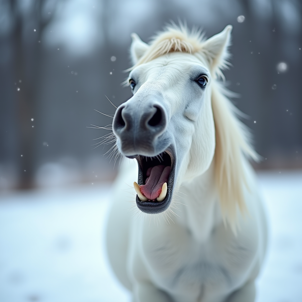 A white horse playfully yawning or neighing in a snowy landscape.