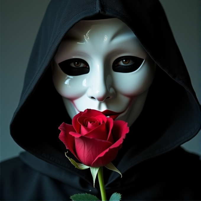 A person in a black hooded cloak wears a white mask and holds a vibrant red rose, creating a mysterious and dramatic ambiance.