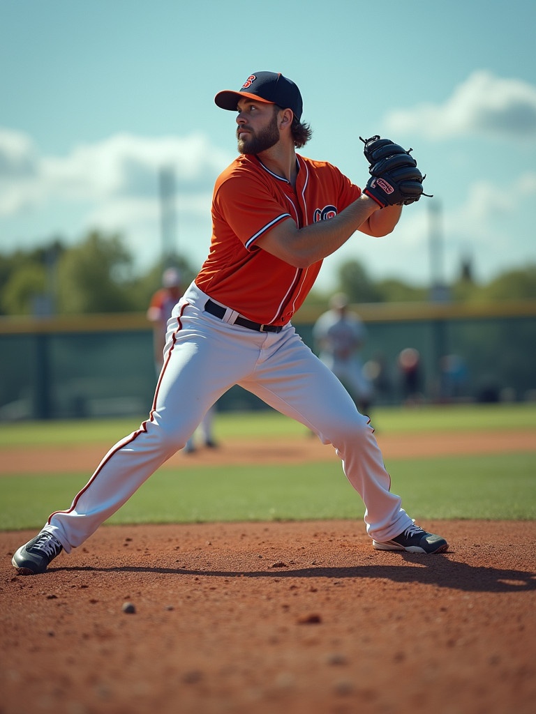 Capture a baseball player in action during a game. Image taken in bright daylight. Hyper-realistic style highlighting the athleticism and power of the human body. Utilize exceptional sharpness to showcase muscles. Dramatic lighting creates depth. Freeze-frame capturing peak performance with shallow depth of field. Convey movement and speed.