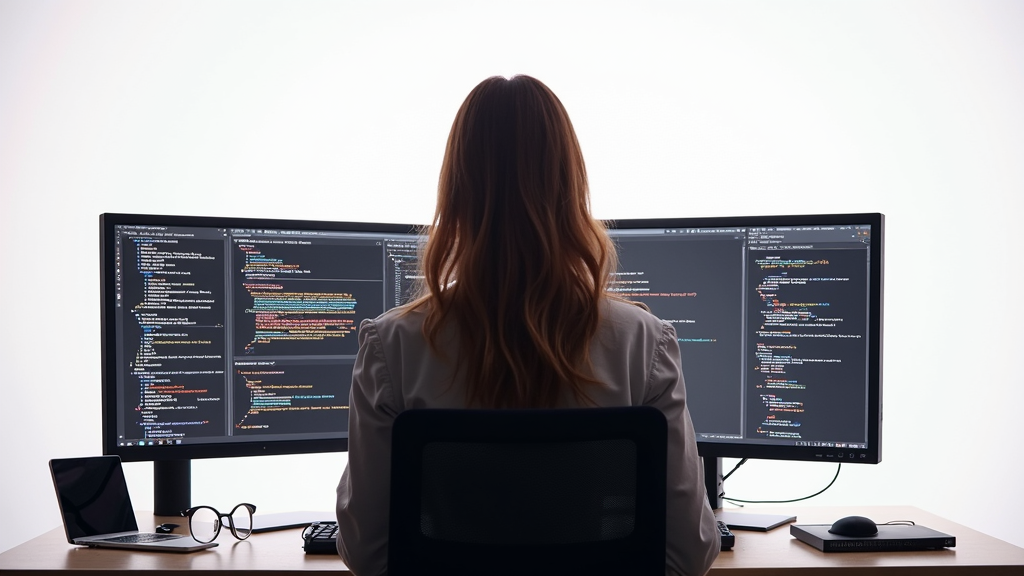 A person sits at a desk working on code displayed across two large monitors.