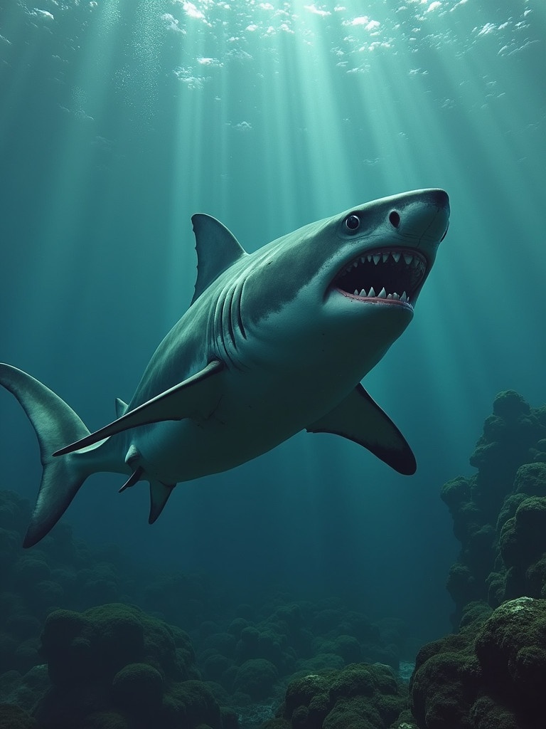 A large, aggressive shark swimming underwater. The shark has an open mouth revealing sharp teeth. Sunlight filters through the water casting beams of light. The background features rocky underwater terrain. The image evokes a sense of power and fear.