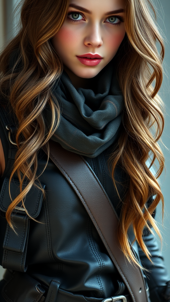 A woman with long, wavy hair and captivating eyes wears a scarf and leather jacket.