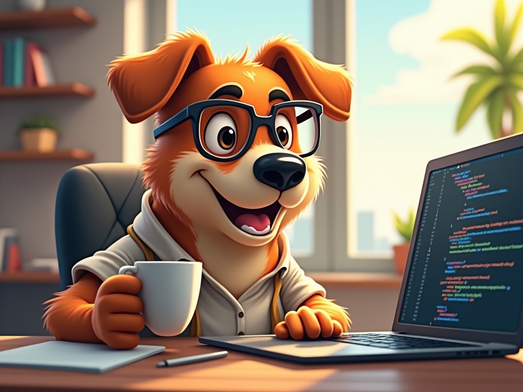 The image features a cheerful dog character with a bright orange fur coat. It is seated at a desk, wearing stylish glasses and holding a cup. The workspace includes a laptop displaying programming code, emphasizing a blend of pets and technology. Sunlight floods through a window, creating a warm and inviting atmosphere. The dog appears engaged and happy, suggesting a friendly and productive environment.