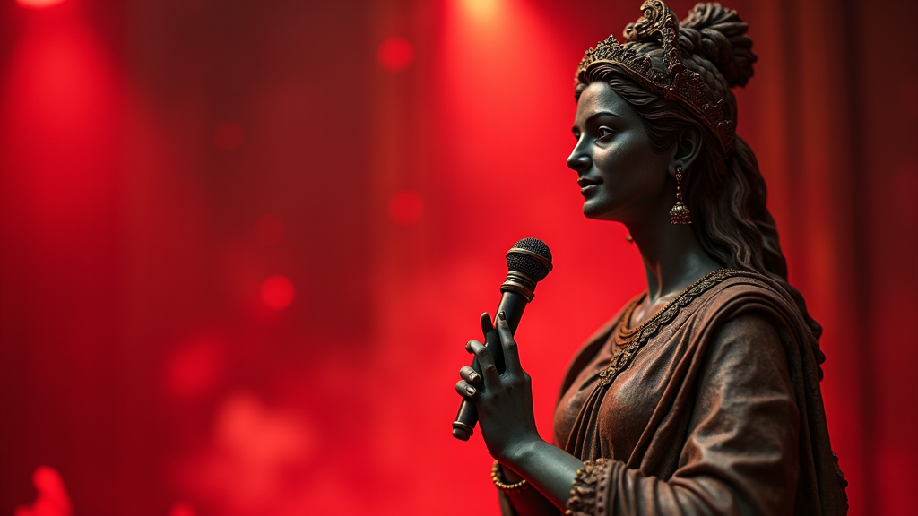 A statue of a woman in traditional attire holding a microphone in a vibrant red background.