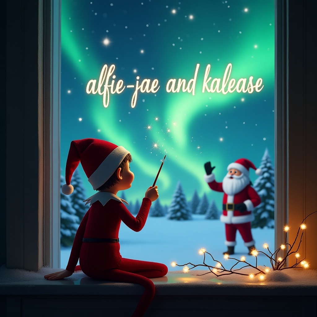 This enchanting image depicts an elf on the shelf sitting by a window, facing the magical sky filled with northern lights. The elf, dressed in a bright red outfit, is using a wand to write the names 'alfie-jae and kalease' in the sparkling night sky. Outside the window, Santa Claus can be seen in the snowy landscape, adding to the festive ambiance. The warm glow of twinkling lights adorns the window, creating a cozy Christmas vibe. It captures the essence of childhood wonder and the joy of the holiday season, highlighting the connection between magic, Christmas, and family. Overall, it’s a captivating illustration perfect for celebrating the festive spirit.