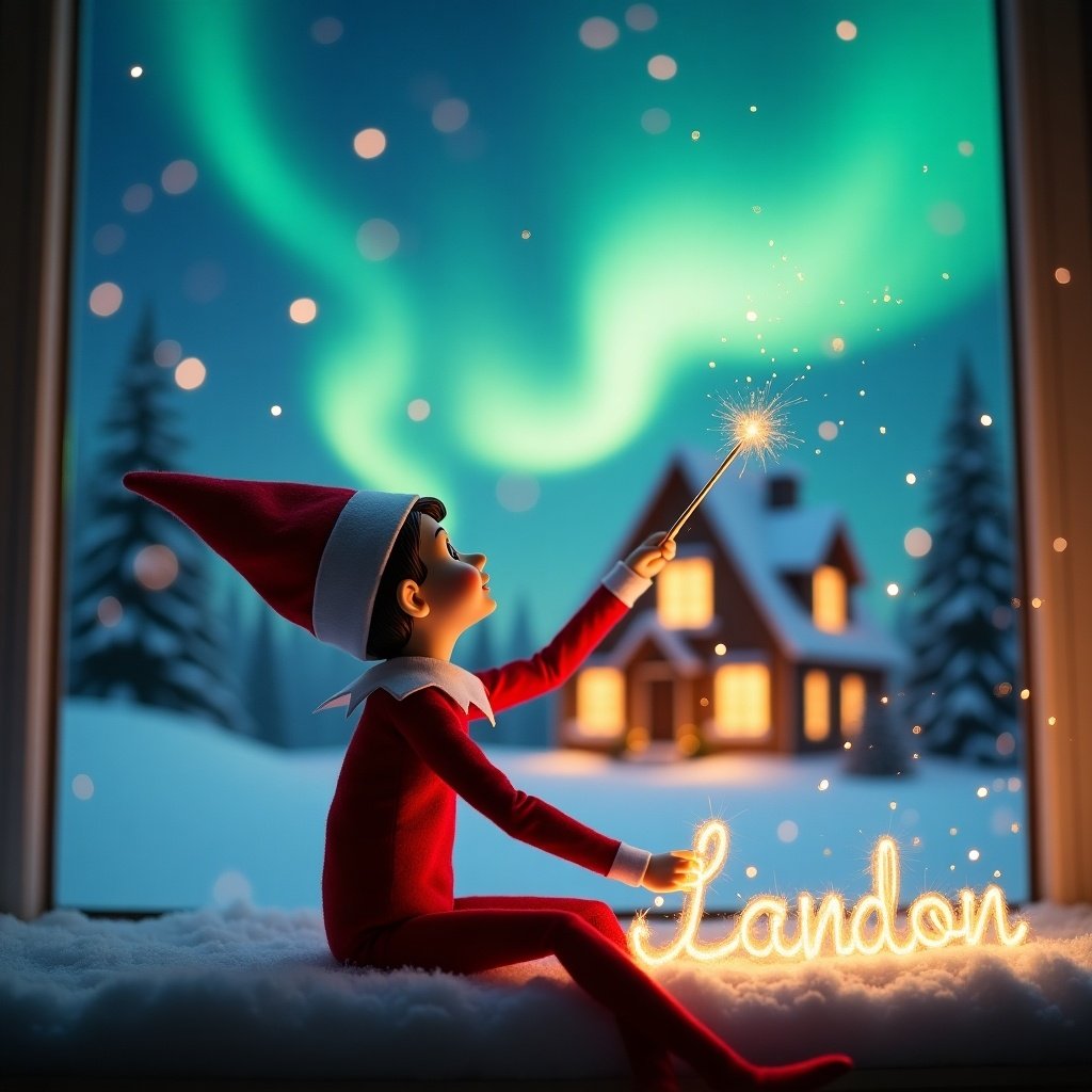 An adorable elf gazes upwards holding a glowing wand in a winter scene. Colorful northern lights are above. A holiday-decorated house is in the background with snow covering the ground. The elf writes 'Landon' in sparkling light.