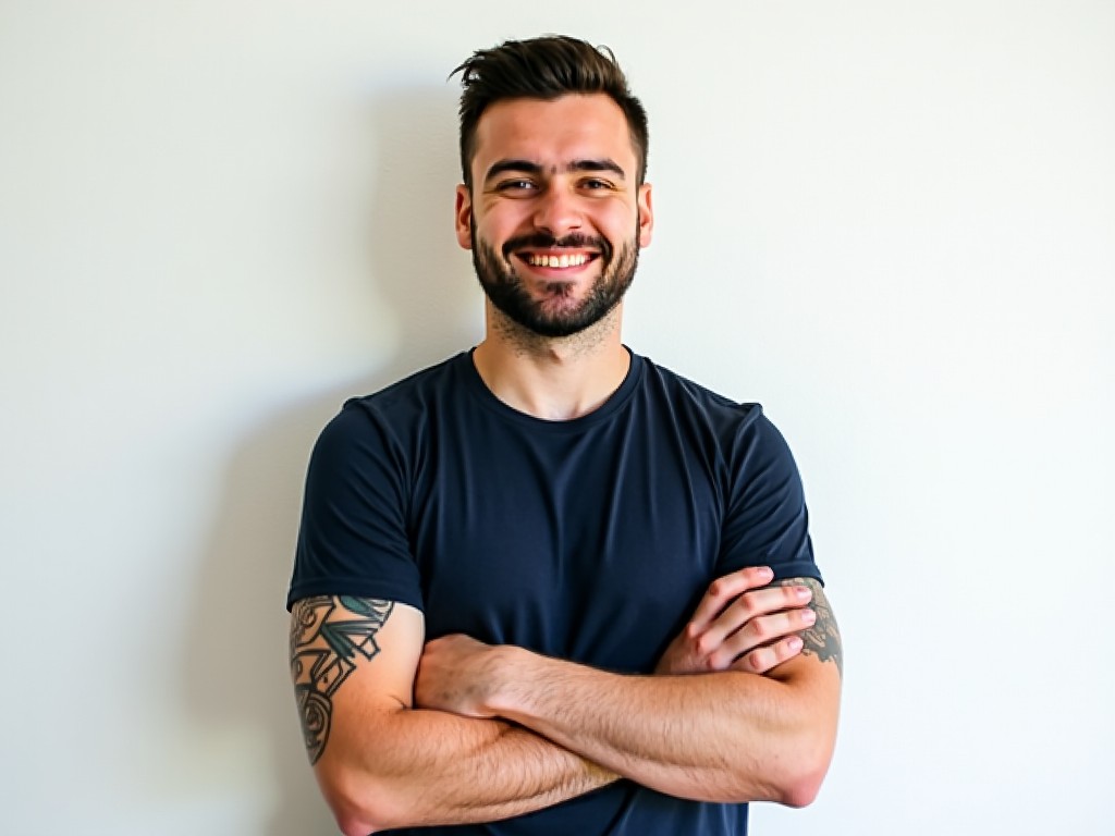 A young man stands confidently with his arms crossed in front of a plain white wall. He has a smile on his face and a well-groomed beard. He is wearing a dark navy blue t-shirt that complements his casual style. His hair is short and neatly styled. On his left arm, there is a visible tattoo with geometric designs that adds a personal touch to his appearance. The overall vibe of the image is friendly and approachable.