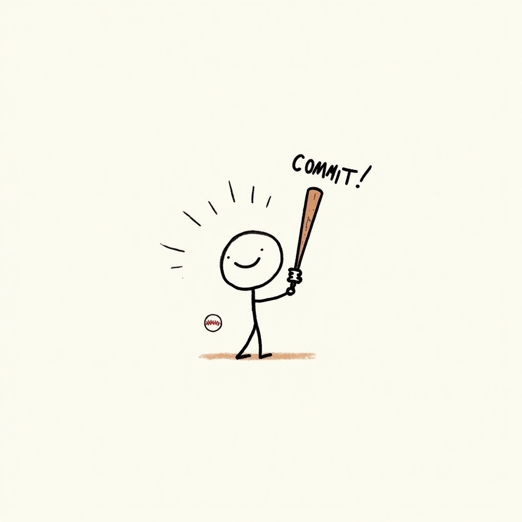 Doodle of a stick figure with a round head Smiling figure holding a baseball bat labeled COMMIT Minimalistic design with basic lines and shapes Positive expression conveys determination