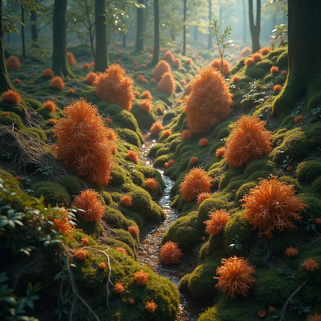 Elegant natural scene featuring vibrant orange mycelium spreading across a forest floor with moss and a gentle stream