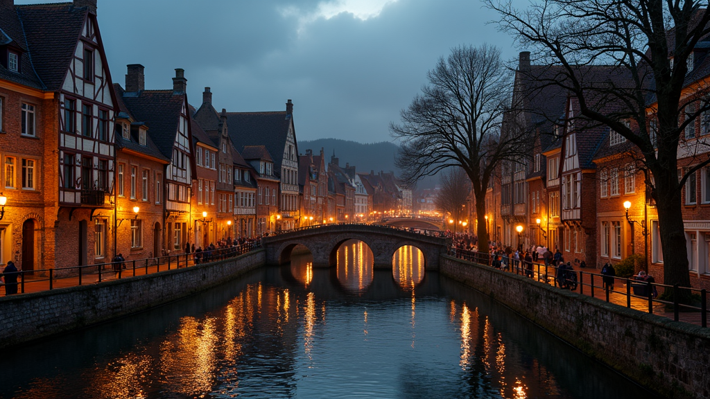 A picturesque European canal flanked by illuminated historic half-timbered buildings and leafless trees at dusk.