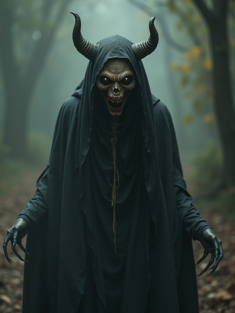 A cloaked, horned, creepy demonic figure stands in a misty forest. The figure has a dark robe, elongated claws, and is surrounded by eerie fog. The setting is filled with muted autumn colors, creating a haunting atmosphere.