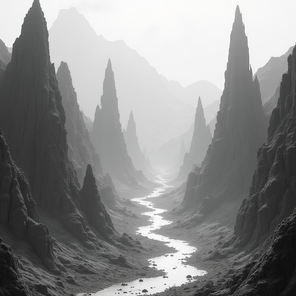 Grayscale height map illustrating a mountainous alien landscape. Features deep canyons and towering spires. Evokes a sense of mystery and otherworldliness.