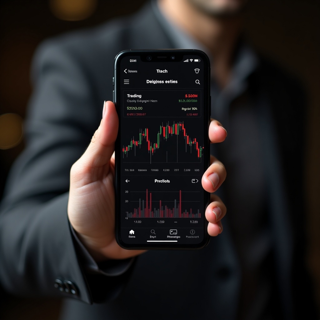 Close-up of a hand holding a smartphone displaying a stock trading graph. Image features a black interface with trading data. The setting suggests a professional environment. Soft and moody lighting enhances the focus on the phone. Symbolizes contemporary investment trends.