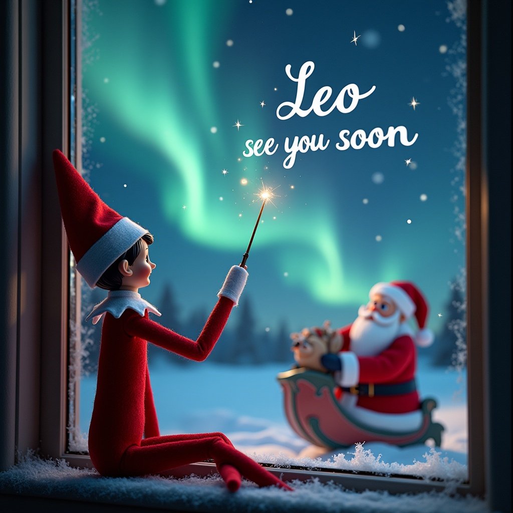 The image depicts an elf on the shelf sitting on a windowsill, facing a stunning display of northern lights in the sky. The elf, dressed in classic red and white, is using a wand to write names in the air elegantly. In the background, Santa Claus can be seen in his sleigh, adding to the joyous atmosphere. The magical words 'Leo' and 'see you soon' glow brightly in the night sky. This festive scene captures the enchantment of Christmas, evoking feelings of wonder and joy for viewers.