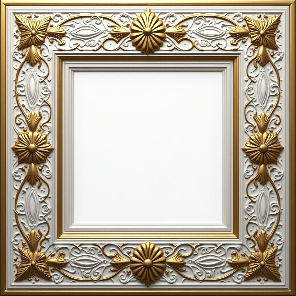 Decorative card frame with ornate design and gold accents. White background inside the frame. Detailed craftsmanship with floral and leaf motifs. Classic vintage style. Suitable for art displays or decorative purposes.